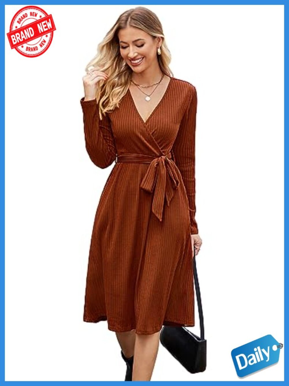 Women's V-Neck Long Sleeve Sweater Dress with Belt and Pockets